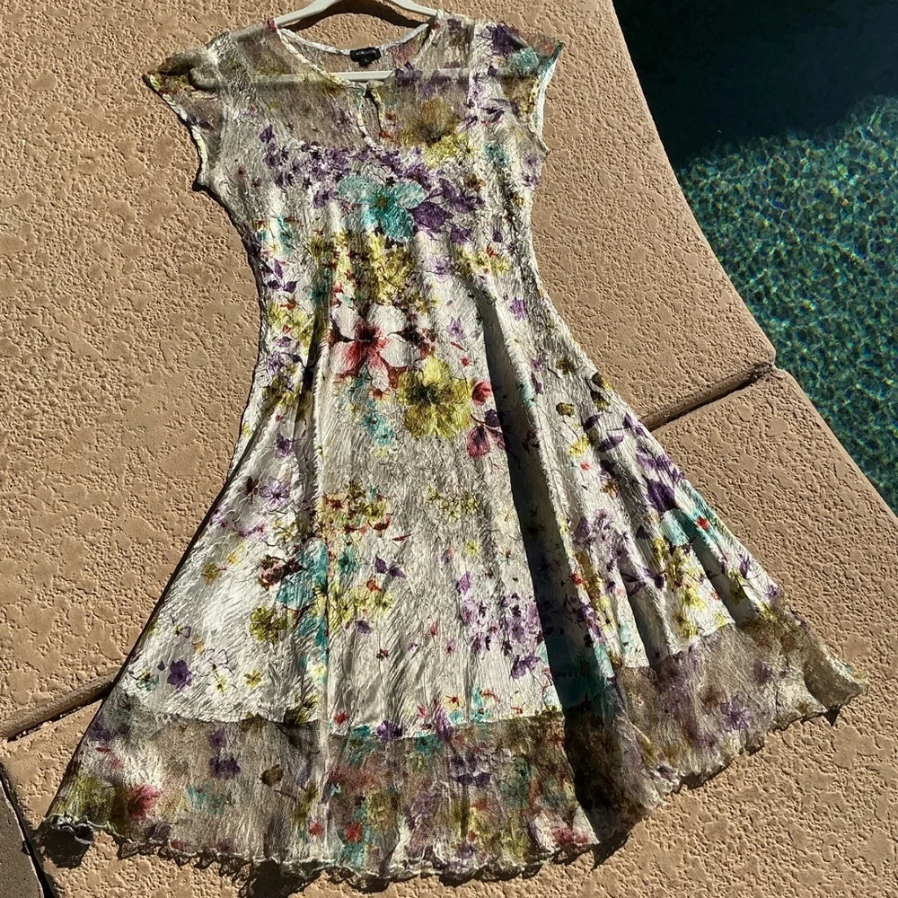 NWOT Komarov Floral Crinkle Lace Satin Midi Dress Large Fit & Flare Keyhole Chic